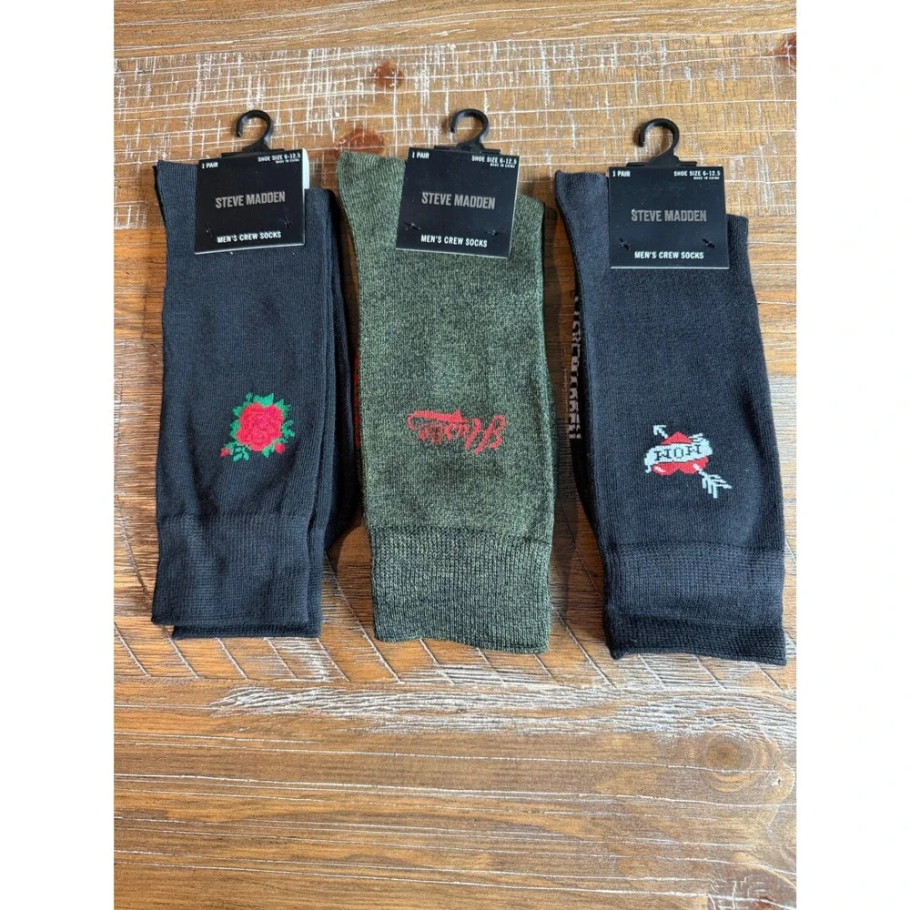 NWT Steve Madden Mens‎ Crew Socks 3 LOT Black Olive Green Rose Mom Hustle 6-12.5